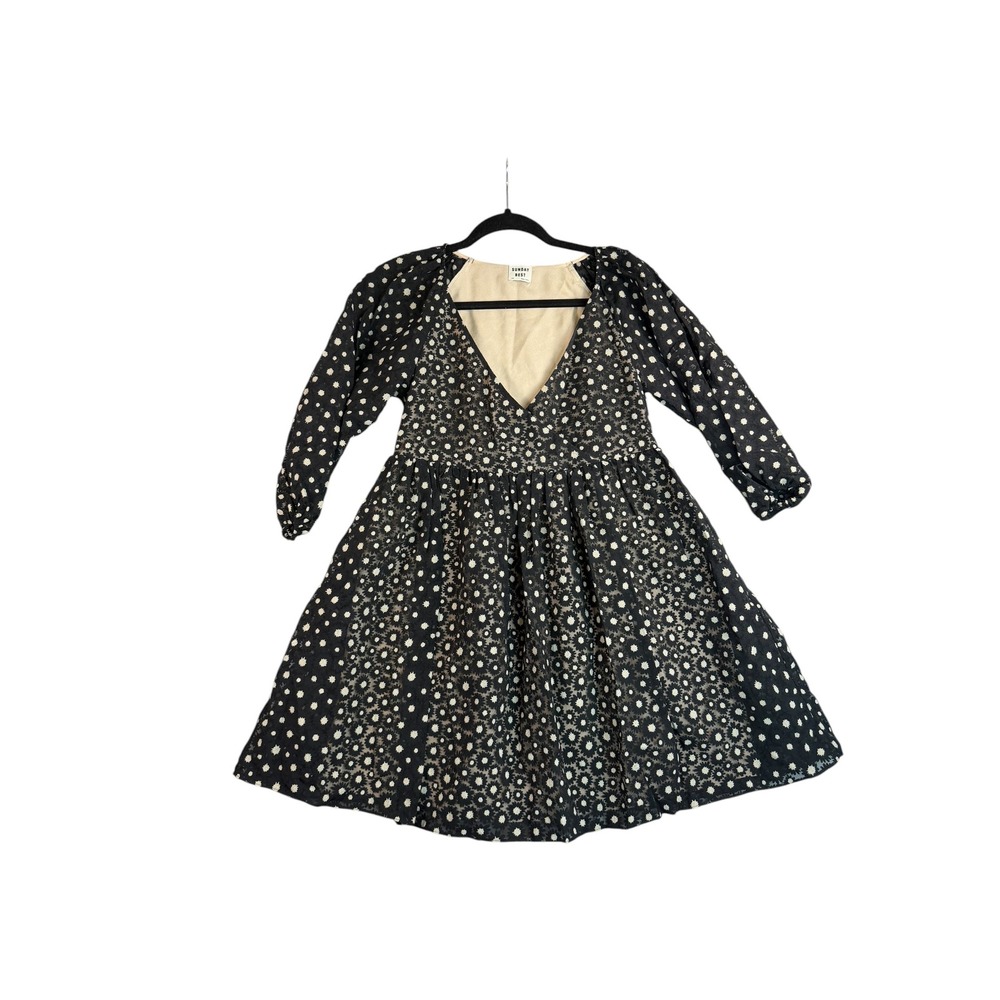 Aritzia Sunday Best Black Floral Daisy V-Babydoll Mini Dress XXS Long Sleeve
